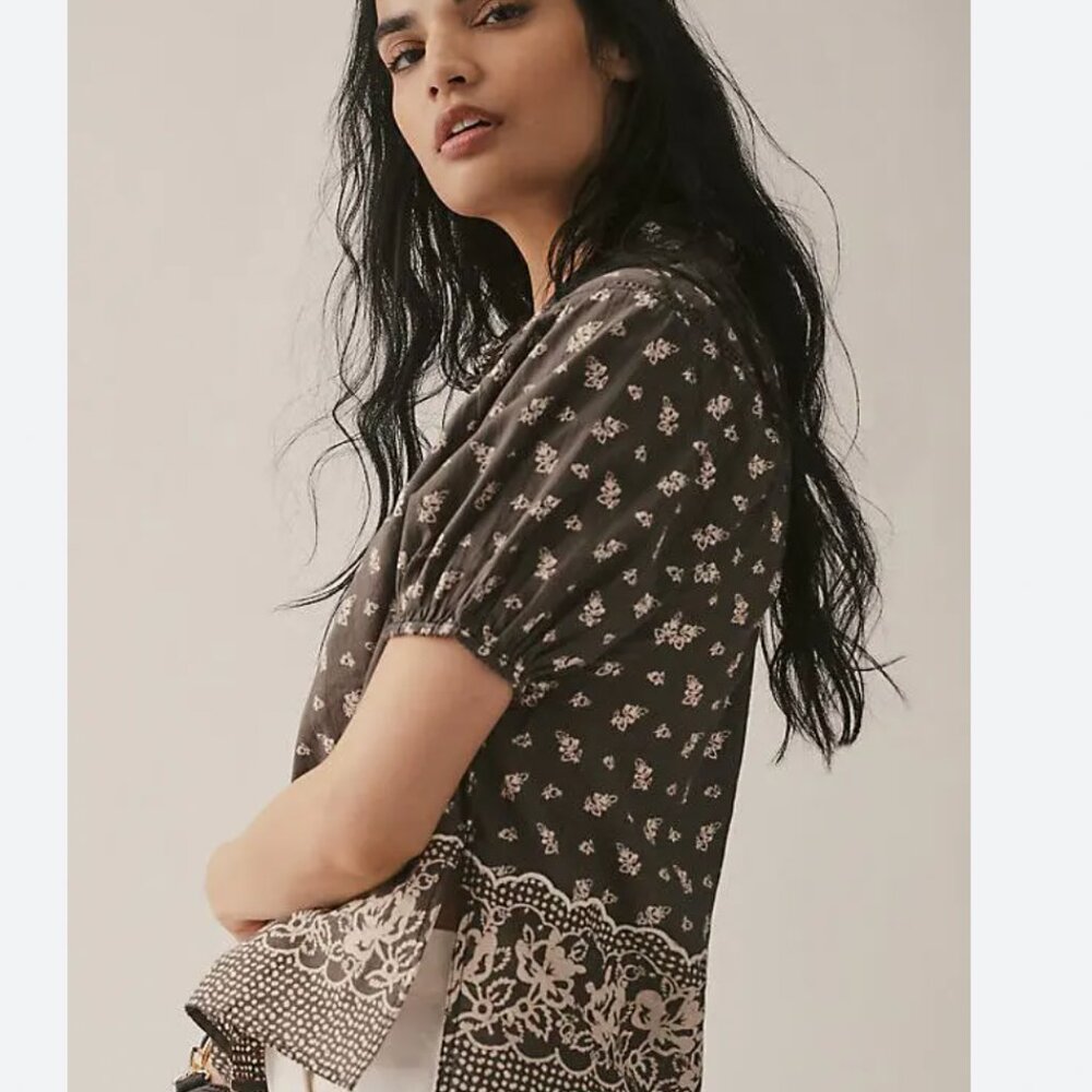 Pilcro Brown Floral Border Print Puff-Sleeve Blouse - Picture 2 of 6